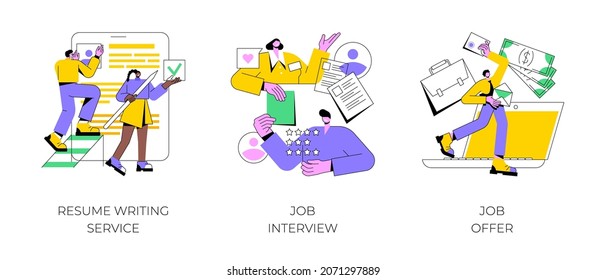 Employment process abstract concept vector illustration set. Resume writing service, job interview, job offer, CV online, cover letter, candidate profile, recruiter, hiring manager abstract metaphor.