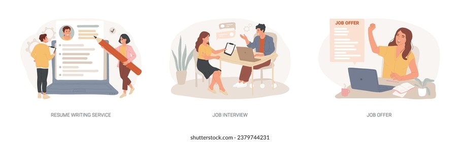 Employment process isolated concept vector illustration set. Resume writing service, job interview, job offer, CV online, cover letter, candidate profile, recruiter, hiring manager vector concept.