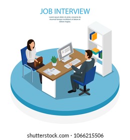 Employment and recruitment isometric composition background poster with hiring manager interviewing young lady job seeker vector illustration 