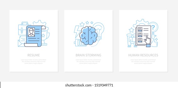 Employment and recruitment - line design style icons set. Resume, brainstorming, human resources banners with text space.  