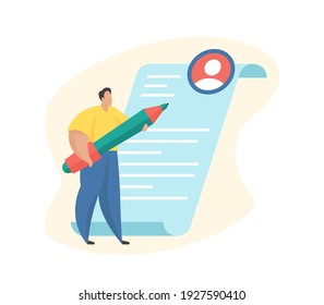 Employment. Resume writing. Man holding a large pencil and writing a resume. Flat vector illustration