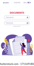 Employment service and employment documents flat background with mobile sign in page username and password forms vector illustration
