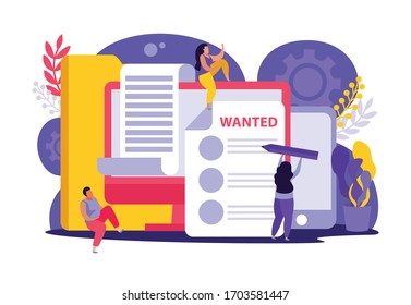 Employment service and employment documents flat composition of doodle style characters gadgets folders and paper sheets vector illustration