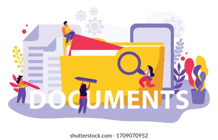 Employment service and employment documents flat composition of text and doodle people with files and folders vector illustration