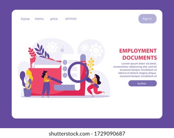 El servicio de empleo y los documentos de empleo composición plana con enlaces a páginas web botones de texto e imágenes ilustración vectorial