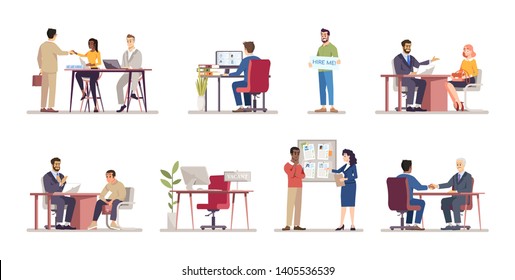 Employment service flat vector illustrations set. HR managers, employers, recruiters hiring staff cartoon characters. Headhunting, recruitment. Job seekers, vacancy candidates, applicants at interview