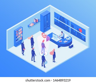 Employment service isometric vector illustration. HR agent choosing job candidate, talent manager searching workers characters. Recruitment office, workforce hiring, headhunting 3d clipart