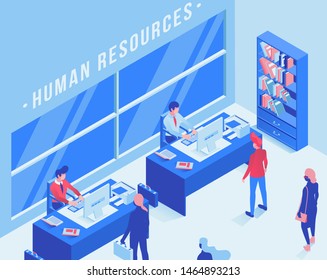 Employment service office isometric vector illustration. Human resources, job searching agency drawing. Job consultants desk, candidates, unemployed people waiting for interview color characters 