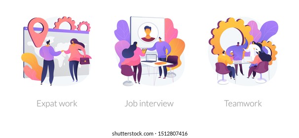 Employment stages icons set. Recruitment service searching candidates. Coworkers business meeting. Expat work, job interview, teamwork metaphors. Website web page template - concept metaphors.