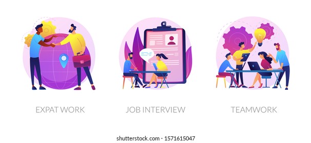 Employment stages icons set. Recruitment service searching candidates. Coworkers business meeting. Expat work, job interview, teamwork metaphors. Website web page template - concept metaphors.