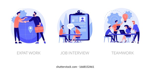 Employment stages icons set. Recruitment service searching candidates. Coworkers business meeting. Expat work, job interview, teamwork metaphors. Website web page template - concept metaphors.