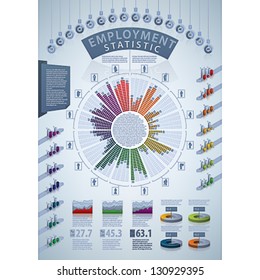 Employment Stats.Light blue background Info-graphic vector template designed with a dummy text. Some transparency objects (charts, maps and other objects reflex and shadows)