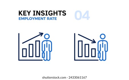 Employment and Unemployment Rate Trends Analysis: Graphs Going Up and Down with an Arrow and a Man in Suit with Work Bag Thin Line Icon, Vector Illustrations of Labor Market Graphic and Economy