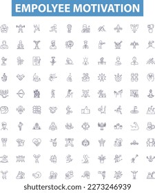 Empolyee motivation line icons, signs set. Empowerment, Engagement, Goal setting, Rewards, Recognition, Incentives, Praise, Satisfaction, Acknowledgement outline vector illustrations.