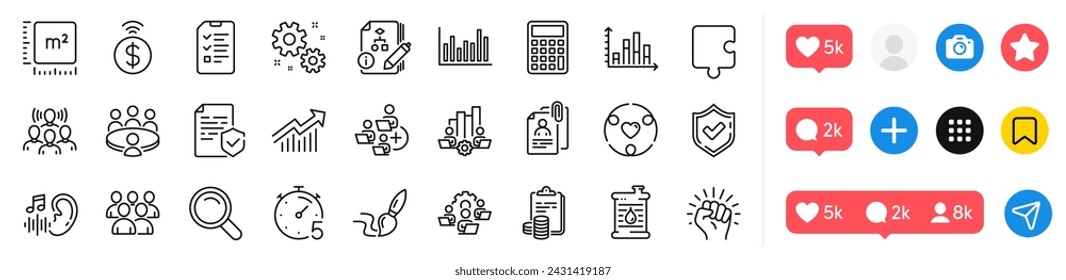 Empower, Accounting and Hearing line icons pack. Social media icons. Work, Add team, Timer web icon. Team work, Algorithm, Interview pictogram. Square meter, Puzzle, Oil barrel. Teamwork chart. Vector