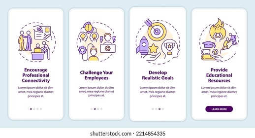 Empower employees onboarding mobile app screen. Motivate workers walkthrough 4 steps editable graphic instructions with linear concepts. UI, UX, GUI template. Myriad Pro-Bold, Regular fonts used