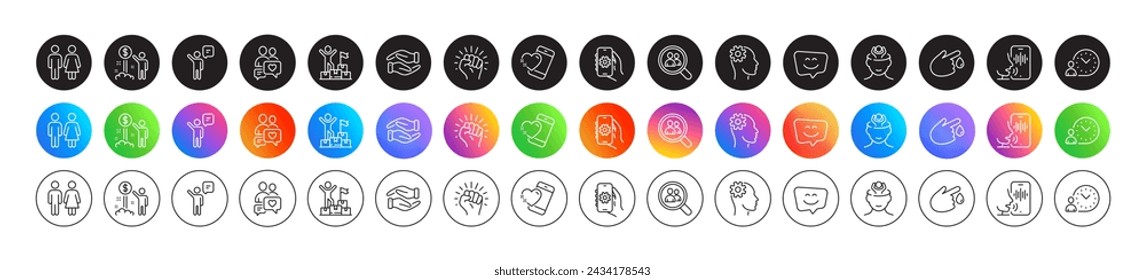 Empower, Engineering and Time management line icons. Round icon gradient buttons. Pack of Restroom, Heart, Voicemail icon. Helping hand, Stress, Search employees pictogram. Vector