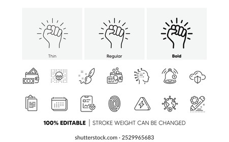 Empower, Lightning bolt and Cloud protection line icons. Pack of Project edit, Artificial intelligence, Calendar icon. Video conference, Cyber attack, Inspect pictogram. Fingerprint. Vector