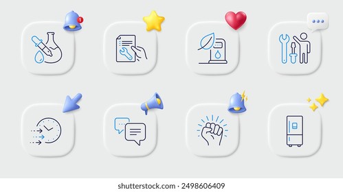 Empower, Petrol station and Refrigerator line icons. Buttons with 3d bell, chat speech, cursor. Pack of Repairman, Chemistry experiment, Dots message icon. Vector