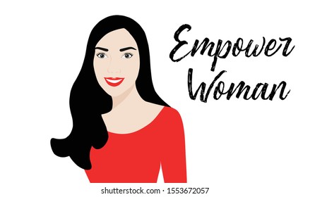 Empower woman lettering beautiful woman face smiling background isolated vector-illustration. Woman happiness design concept background