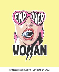 empower woman slogan with girl in sunglasses and diamond graphic vector illustration