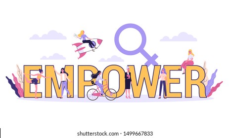 Empower word banner concept. Idea of female empowerement and feminism. Strong woman. Vector illustration in cartoon style