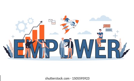 Empower word banner concept. Idea of female empowerement and feminism. Strong woman. Vector illustration in cartoon style