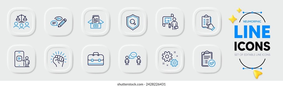 Iconos de línea de cuadro Empower, Work and Documents para aplicación web. Paquete de lista de verificación, inspeccionar, iconos de pictogramas del jurado de la corte. Informe aprobado, Palabras clave, Señales del plan. Portafolio, Consultoría. Vector