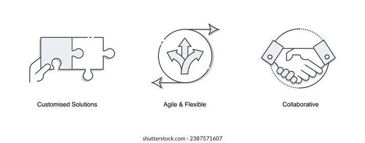 Empoderar su negocio con soluciones ágiles y flexibles, personalizadas e iconos colaborativos. Iconos vectores con pulsación editable.