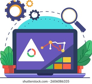 Empower your decisions with data-driven insights! The image showcases a laptop displaying analytics and growth charts, surrounded by symbols of optimization and innovation, highlighting 