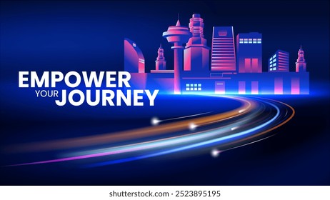 Empower Your Journey with Neon Lights and Futuristic Building Background-Vector illustration design