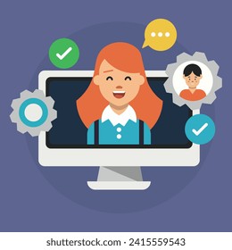 
Empowered, active, happy, and friendly woman providing customer support through a television, working for a call center company, assisting and resolving technical issues. Flat vector illustration.