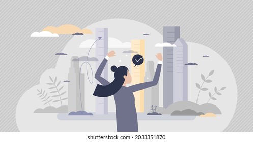 Empowered Business Woman With Career Ambition And Power Tiny Person Concept. Businesswoman Success And Fearless Strength Vector Illustration. Female Entrepreneur Director Standing In Urban Environment