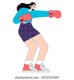 Empowered businesswoman in boxing gloves ready to tackle challenges. Confident female professional showing strength. Vector illustration.