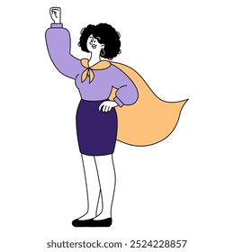 Concepto de empresaria empoderada. Una mujer segura de sí misma con atuendo profesional logra una pose de superhéroe. Éxito profesional y empoderamiento femenino. Ilustración vectorial.