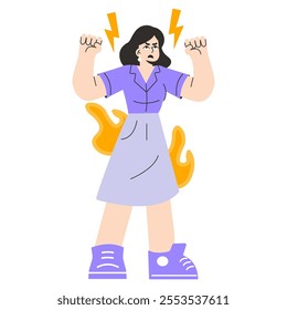 Empowered businesswoman concept. A determined young woman with fists raised, ready to face challenges, exuding confidence and strength. Vector illustration.