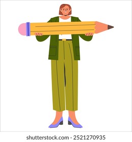 Empowered businesswoman holding a giant pencil, representing creative leadership and idea generation. Vector illustration.