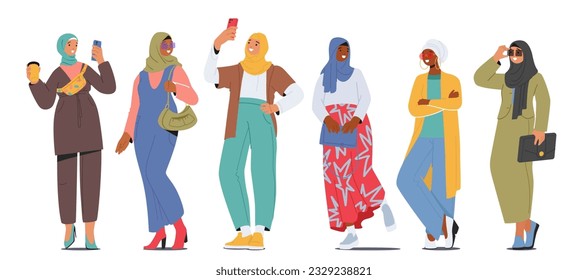 Empowered, Independent, And Fashion-forward, Modern Muslim Women Characters Confidently Embrace Their Faith While Embracing Contemporary Trends And Breaking Stereotypes. Cartoon Vector Illustration