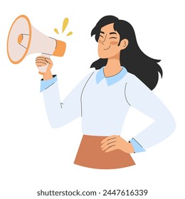 An empowered, professional woman holding a megaphone, symbolizing leadership, communication, and influence in a modern environment. Vector flat illustration for web or app design