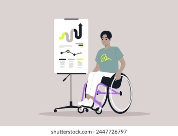 Empowered Visionary Presenting a Strategic Plan, A confident individual in a wheelchair showcases a marketing concept on a flip chart