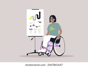 Empowered Visionary Presenting a Strategic Plan, A confident individual in a wheelchair showcases a marketing concept on a flip chart