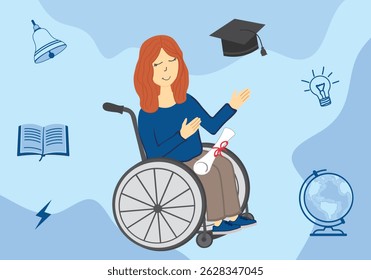Empowered woman with disability celebrating academic success, inclusive education concept with school icons in modern cartoon style