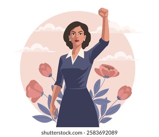 Empowered woman with flowers and raised hand in protest. Feminism and equality concept. Flat illustration