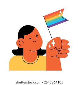 Empowered woman holding rainbow pride flag in protest
