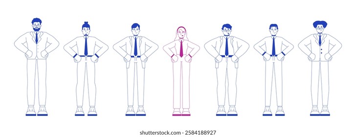 Empowered woman leading business team 2D illustration concept. Workplace diversity. Standing out female professional cartoon characters isolated on white. Metaphor abstract flat vector graphic