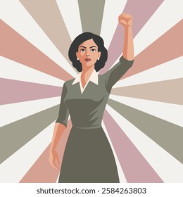 Empowered woman with raised fist on pastel sunburst background. Feminism and equality concept. Flat retro style illustration