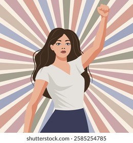 Empowered woman with raised fist on pastel sunburst background. Feminism and equality concept. Flat illustration.