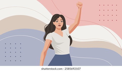 Empowered woman with raised fist on pastel background. Feminism and equality concept. Flat illustration.