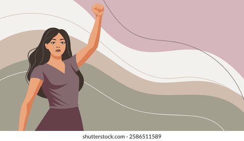 Empowered woman with raised fist on pastel background. Feminism and equality concept. Flat illustration