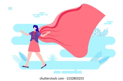 empowered woman standing in superhero cape flat vector illustration